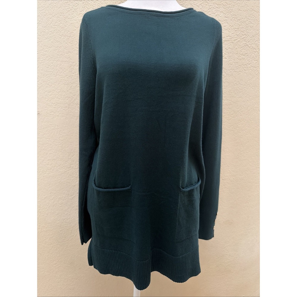 Chico's Long Sweater Green Size 0 XS 2 Pocket Button Trim Sleeves